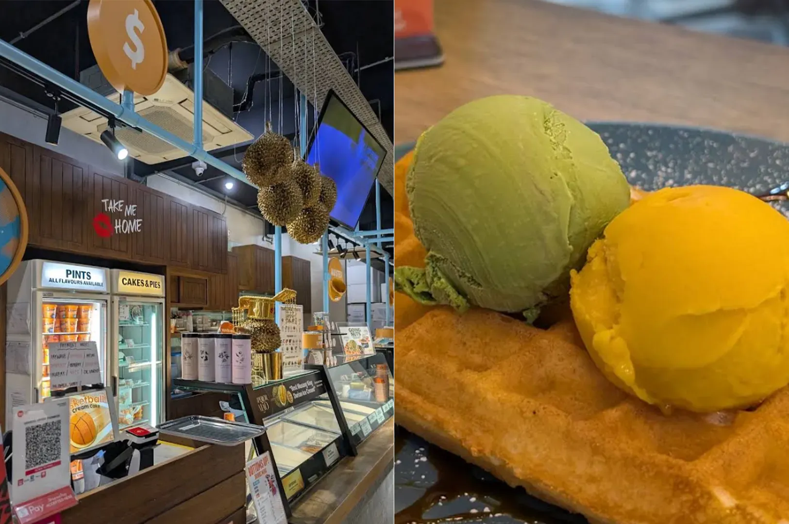 Ice cream counter with green and yellow scoops on a waffle pastry in a dessert shop