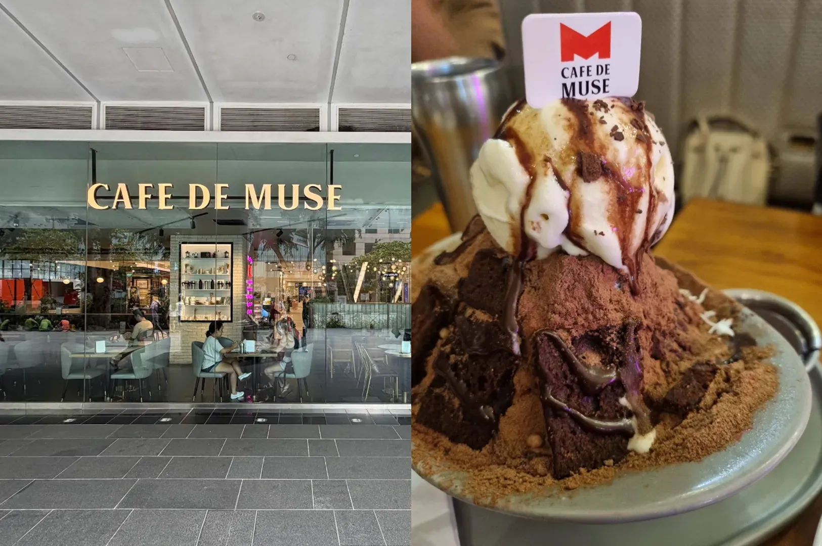 Cafe de Muse storefront beside a close-up of a towering ice cream dessert topped with whipped cream and wafers