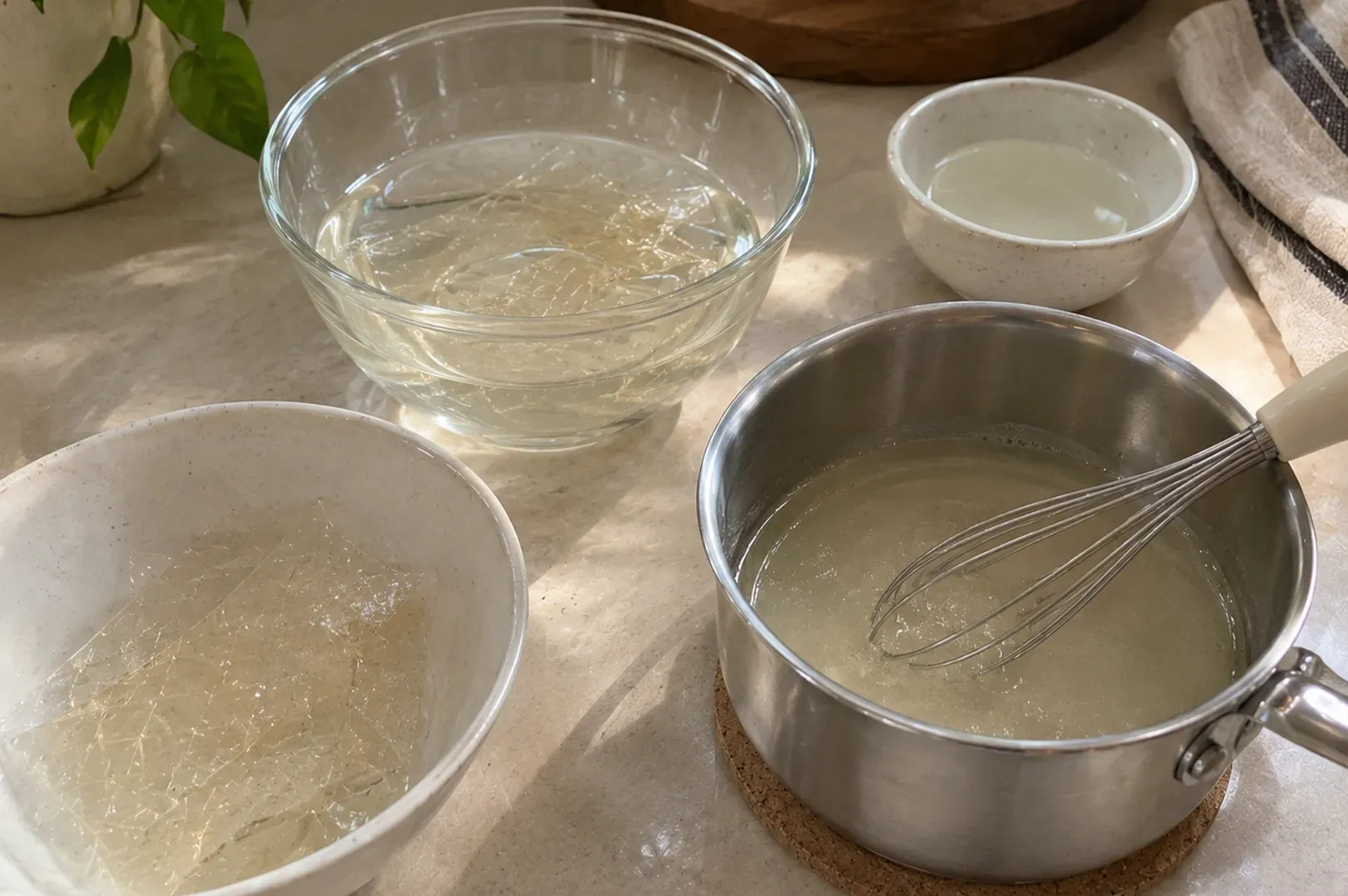 Bowls and a saucepan of cloudy liquid on a countertop, with a whisk in the pan