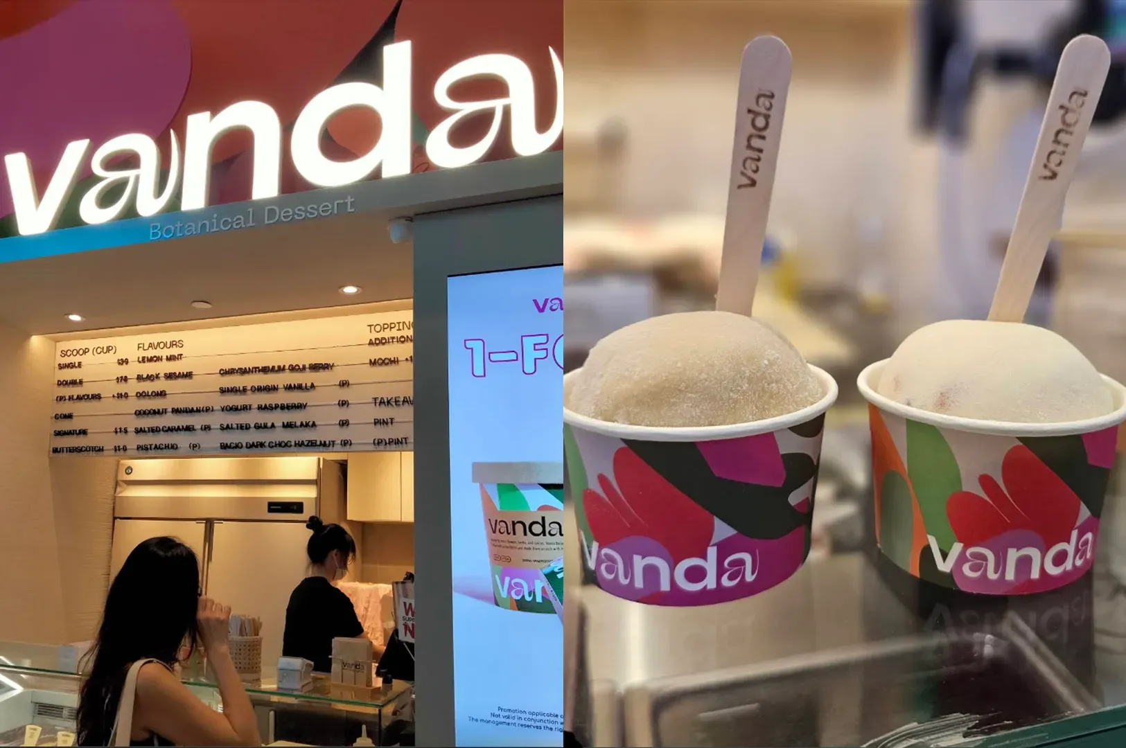 Vanda dessert shop counter with menu board and branded cups of ice cream