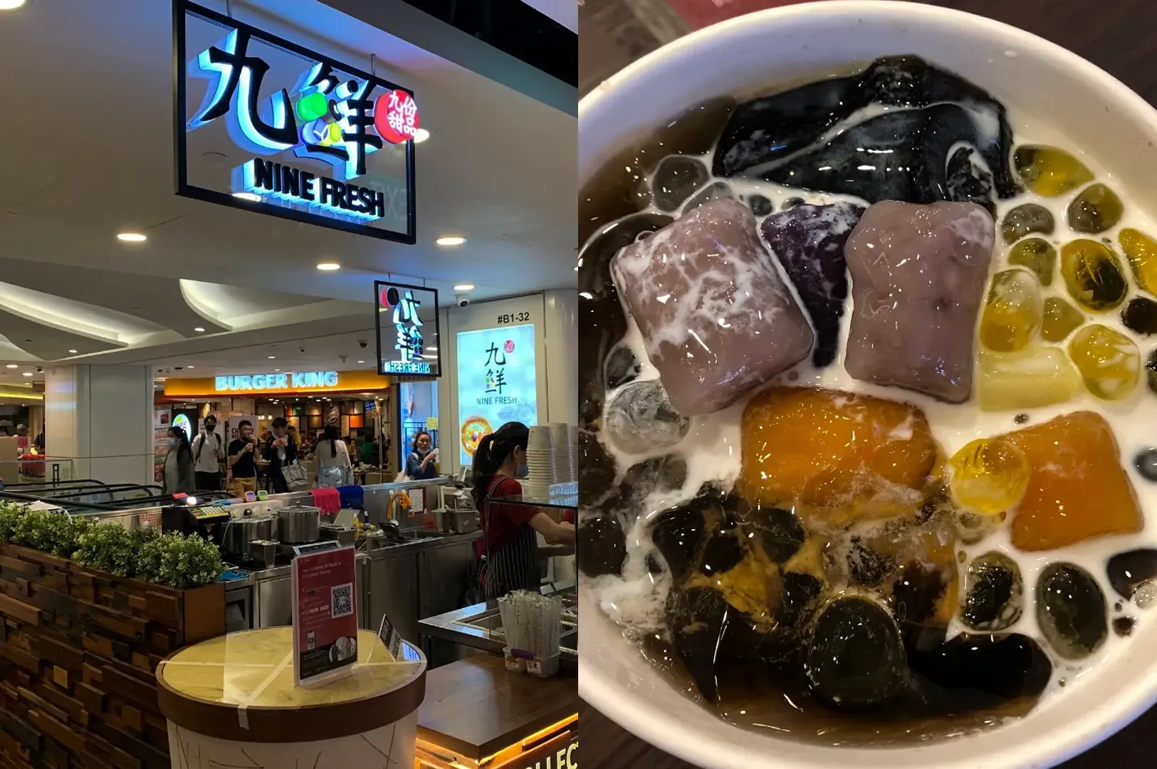 Bubble tea shop interior with a bowl of shaved ice topped with colorful fruit and gelatin cubes