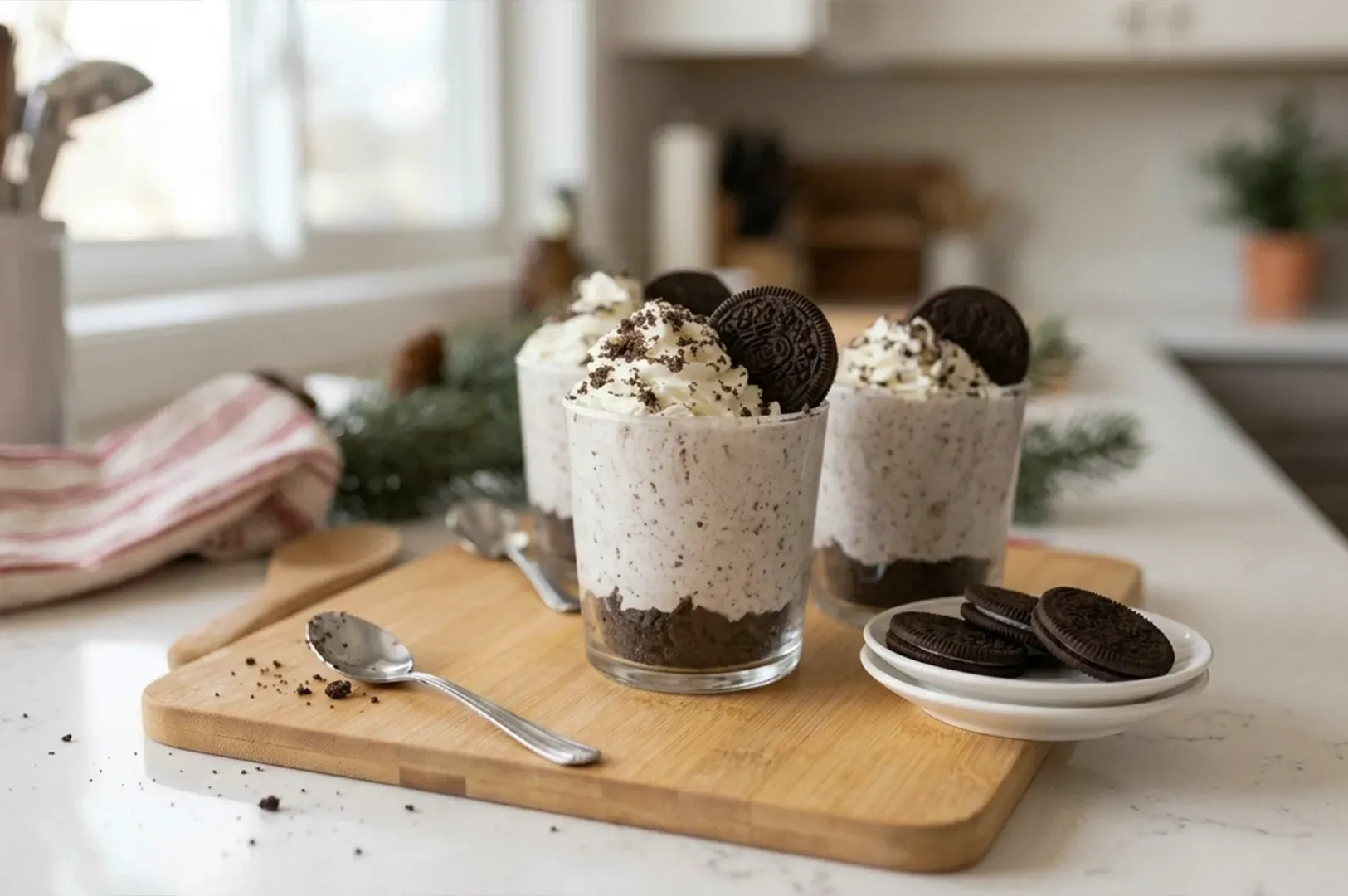 Two layered cookie-and-cream dessert cups on a wooden board with Oreo cookies on a kitchen counter