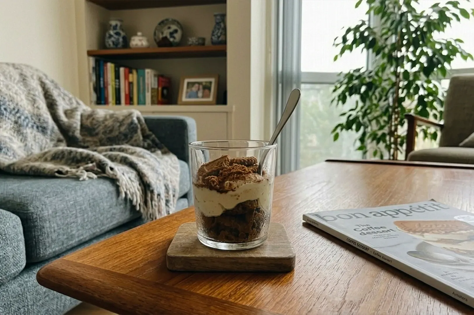 Dessert in a glass on a wooden table in a cozy living room with a couch, bookshelf, and windowed plant.
