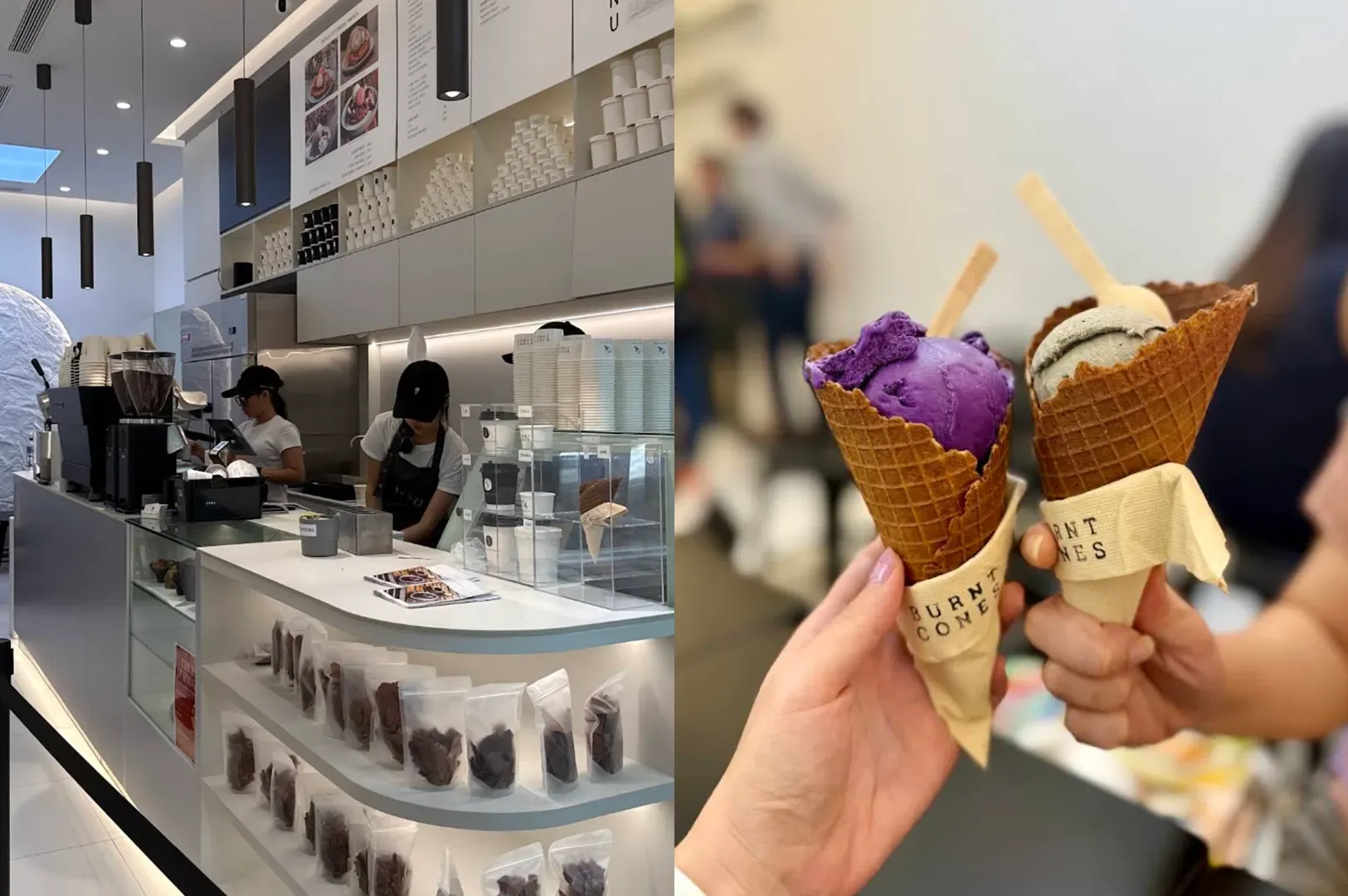 Hands holding purple and brown ice cream cones inside a modern dessert shop