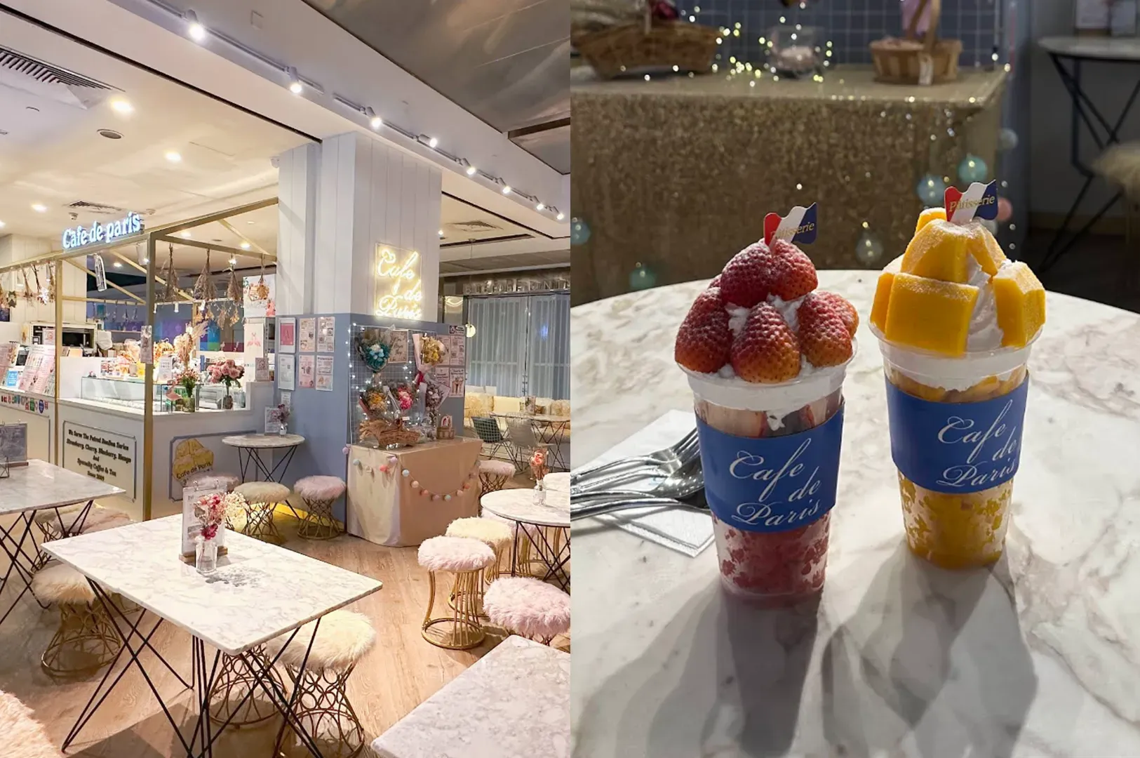 Two colorful dessert drinks with fruit and whipped cream on a marble table in a café