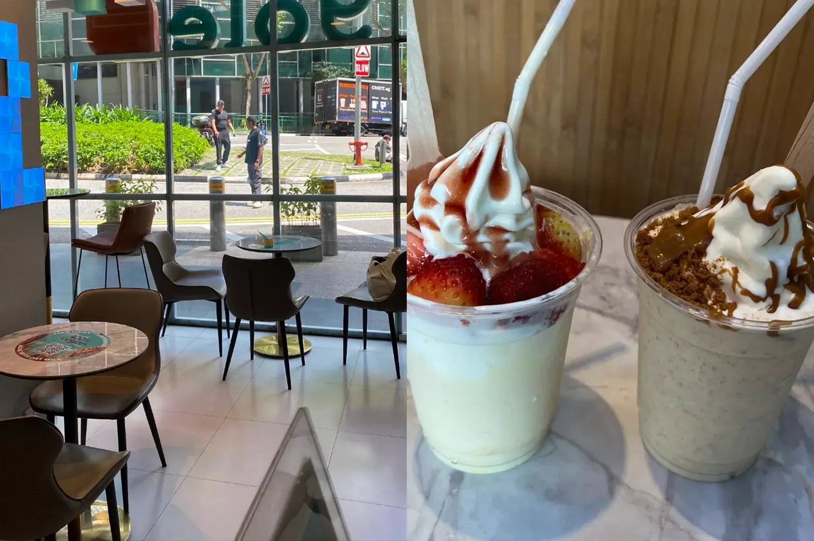 Two frozen drinks in cups with whipped cream, on a cafe table by a bright window.