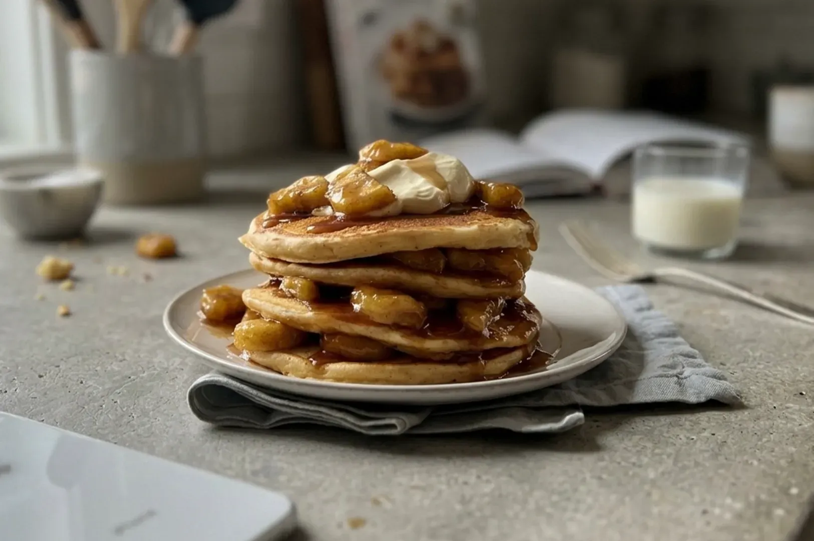 Stack of pancakes topped with syrup and butter on a plate in a kitchen setting
