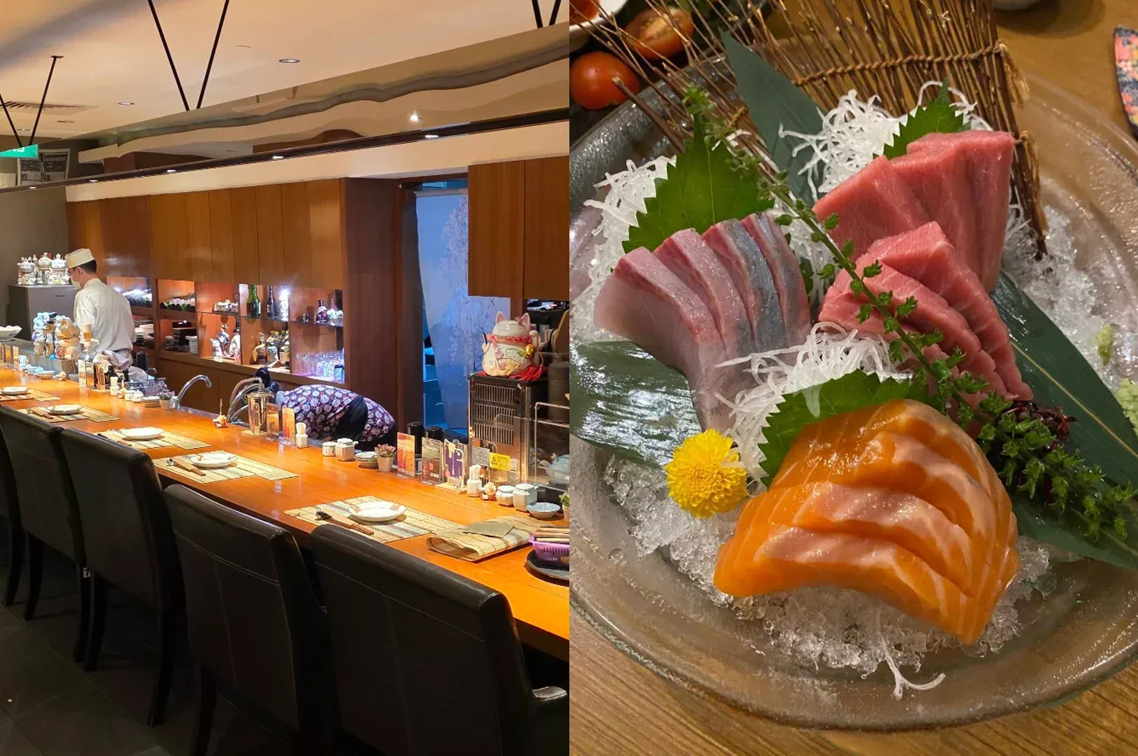 Sushi bar with illuminated counter and close-up sashimi platter on ice, garnished with flowers