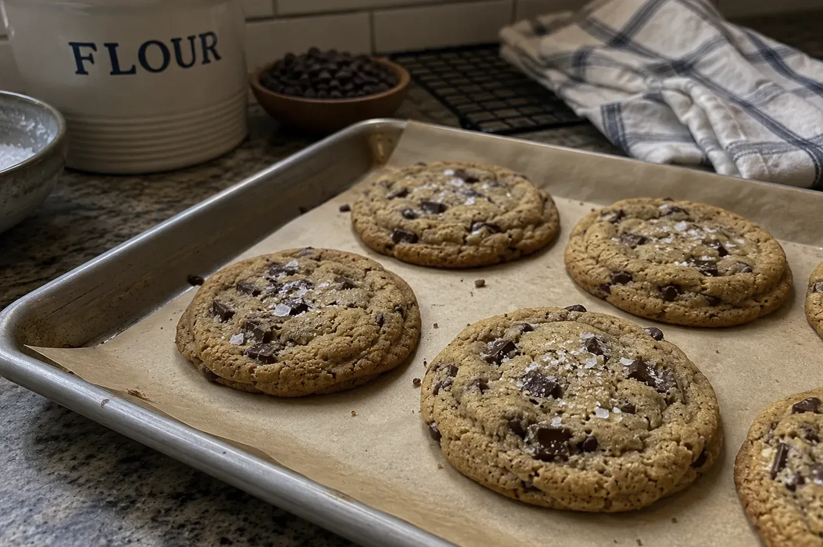 Tray of freshly baked chocolate chip cookies on parchment paper in a kitchen