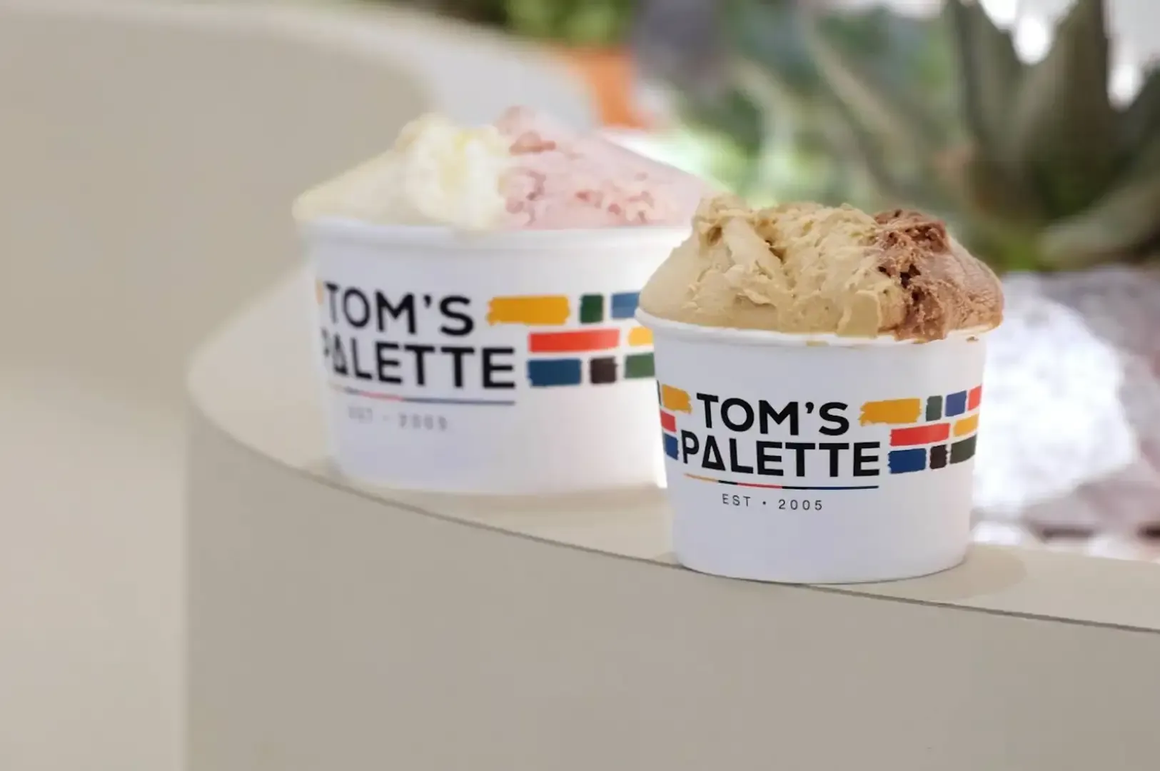 Two TOM'S PALETTE ice cream cups with colorful labels on a shelf, one with pink and white scoops