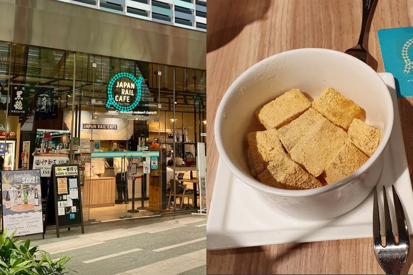 Cafe storefront beside a cup of cereal or dessert topped with square crackers on a table