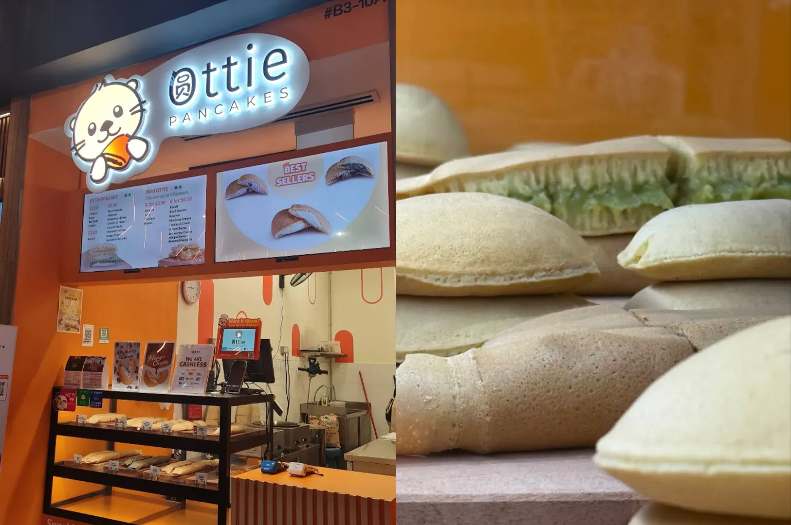 Bakery shop counter with display shelves and stacks of bread loaves under a glowing sign
