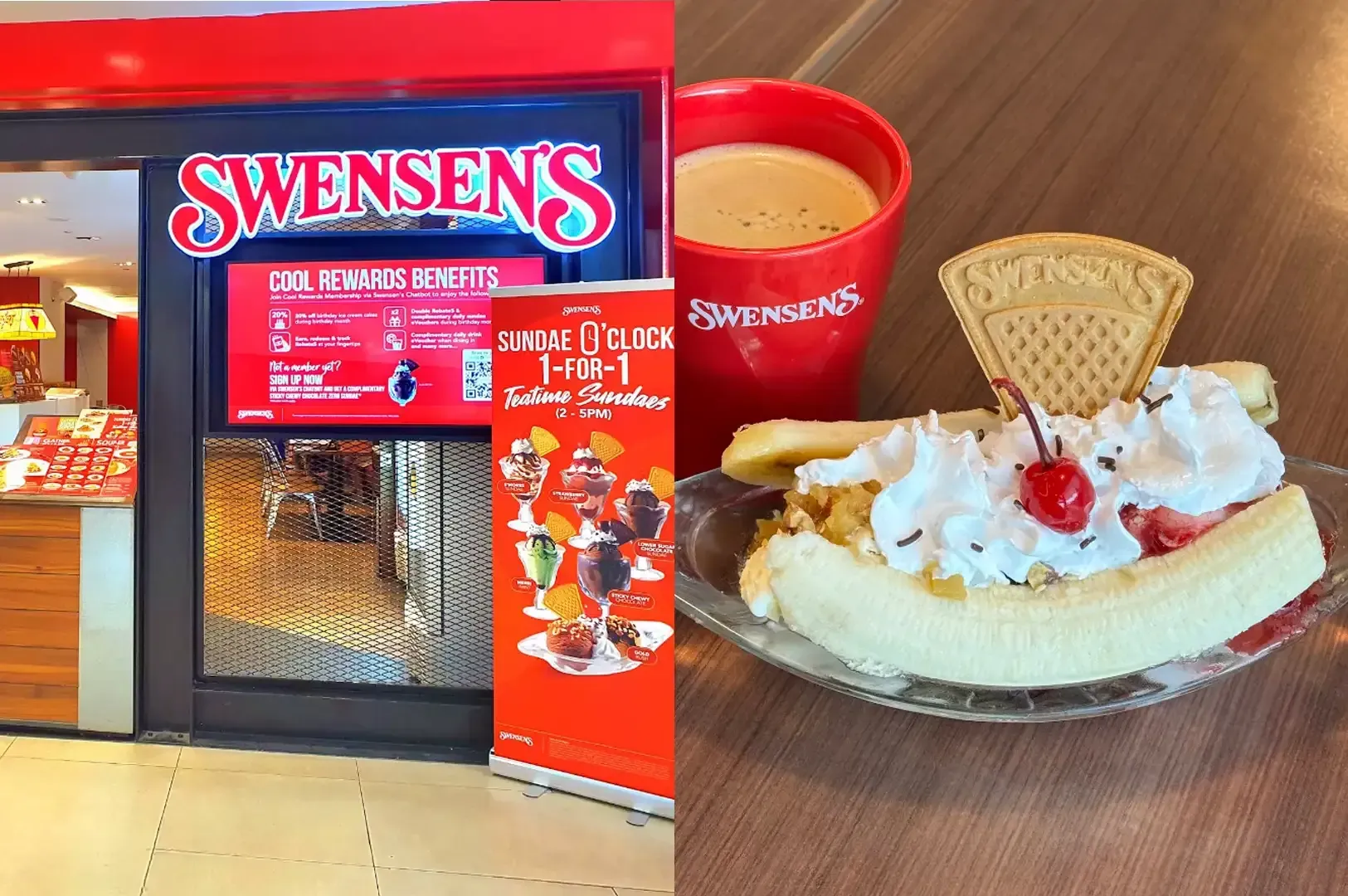 Swensen’s ice cream shop exterior beside a sundae topped with whipped cream, wafer, and cherry.