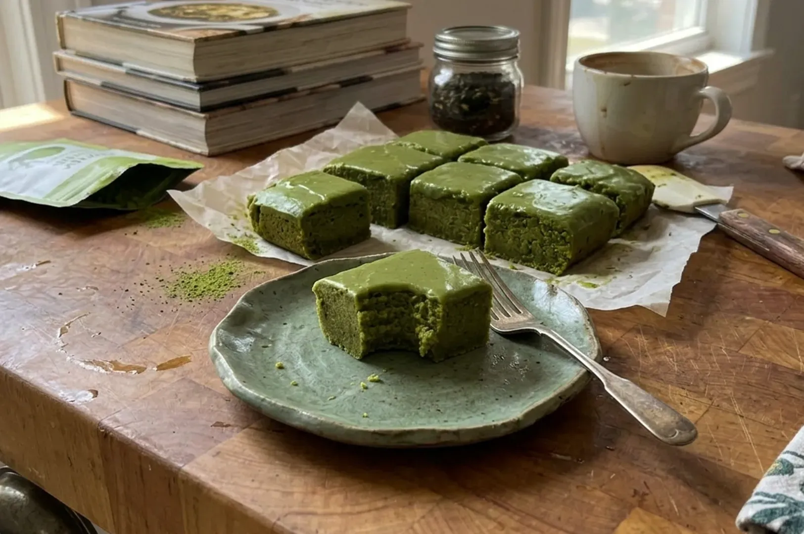 Sliced green cake on a plate and parchment-lined tray atop a wooden table, with books and a cup nearby