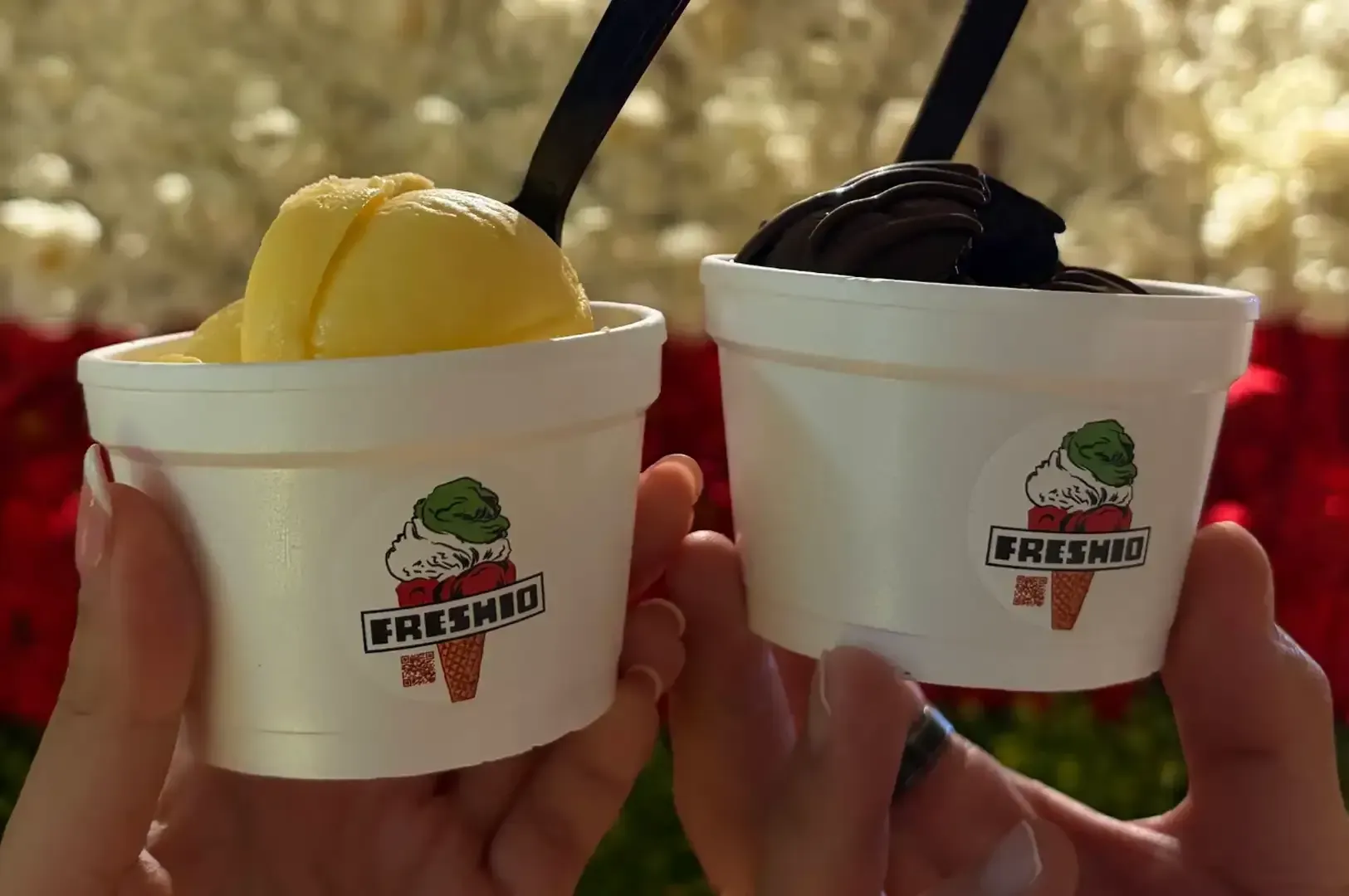 Two hands hold white gelato cups, one with yellow scoops and one with chocolate, both branded Greemio.