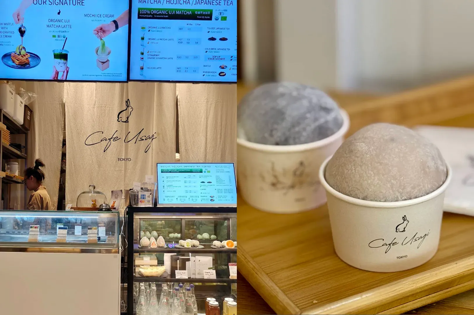 Coffee shop counter with menus, display cases, and two cups of soft serve on a tray