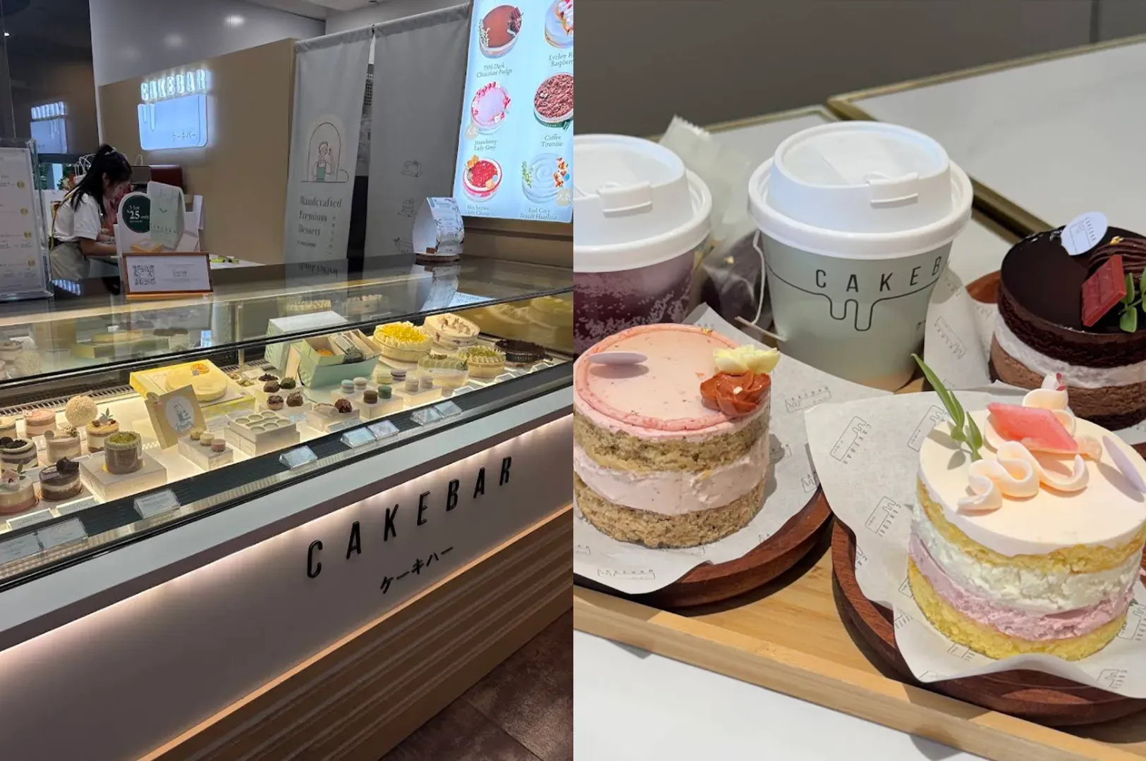 Cafe display with cakes, pastries, and takeaway coffee cups on a counter