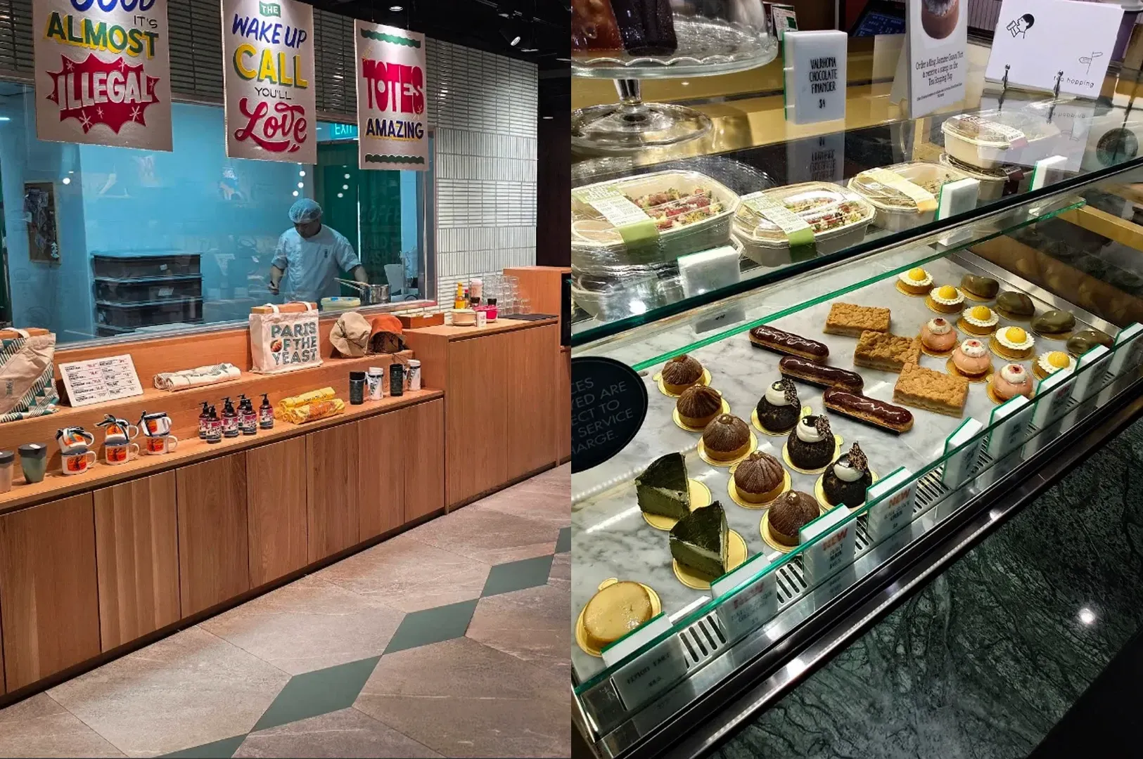 Bakery display case with assorted pastries and cakes, plus a wooden counter and colorful wall signs.