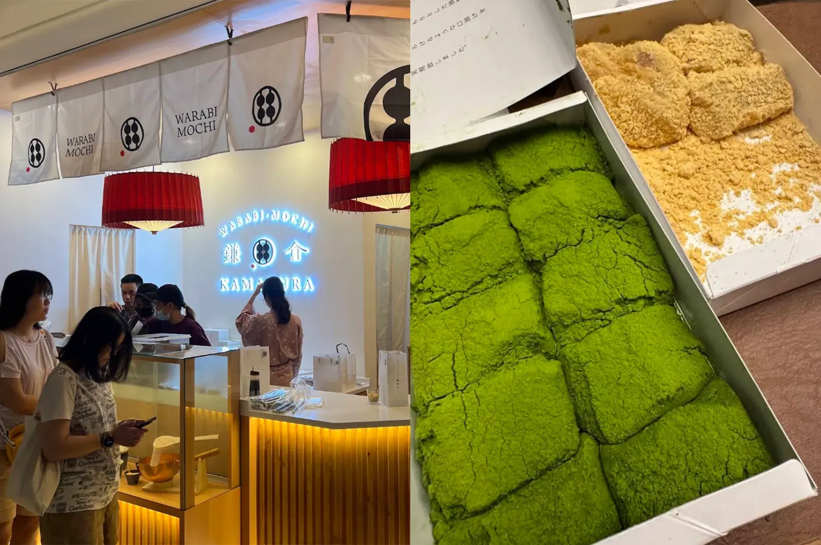 Bright dessert shop with customers and display of green and beige sweets in trays