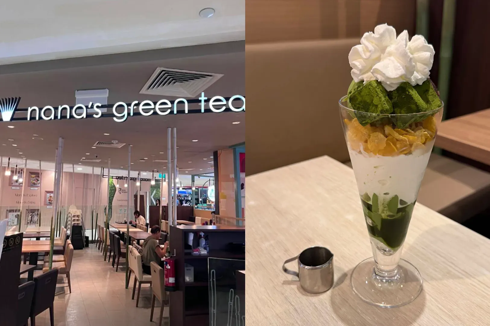Interior of Nana’s Green Tea with a parfait dessert on a table beside a small cup of sauce
