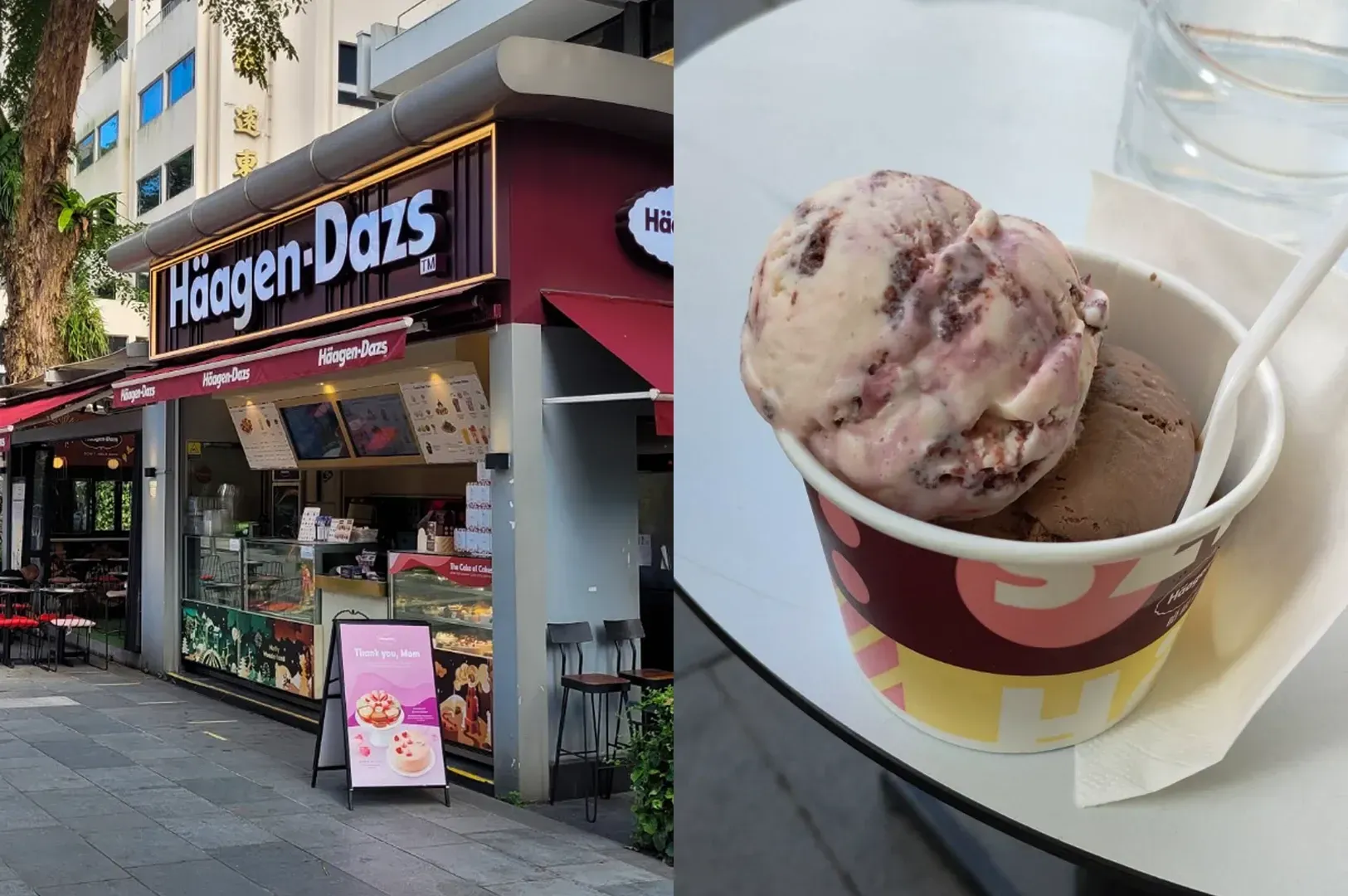 Häagen-Dazs storefront beside a cup of ice cream in a paper carrier on a table