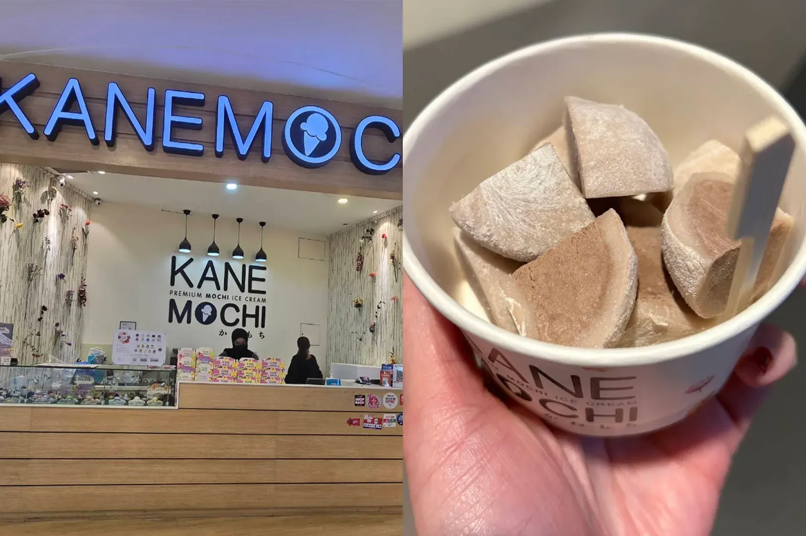 Kane Mochi shop sign and a hand holding a cup of mochi cubes coated in powdered sugar