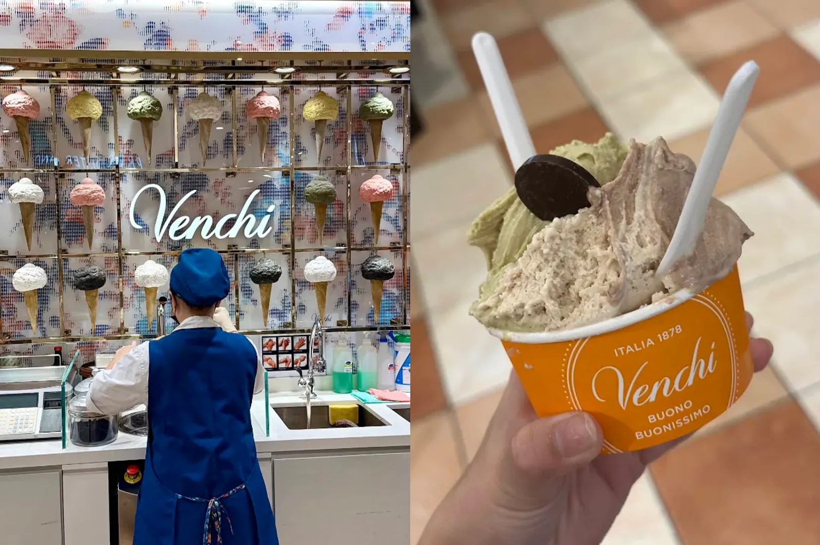 Venchi gelato shop display and a hand holding orange cup of pistachio gelato with chocolate and wafer sticks