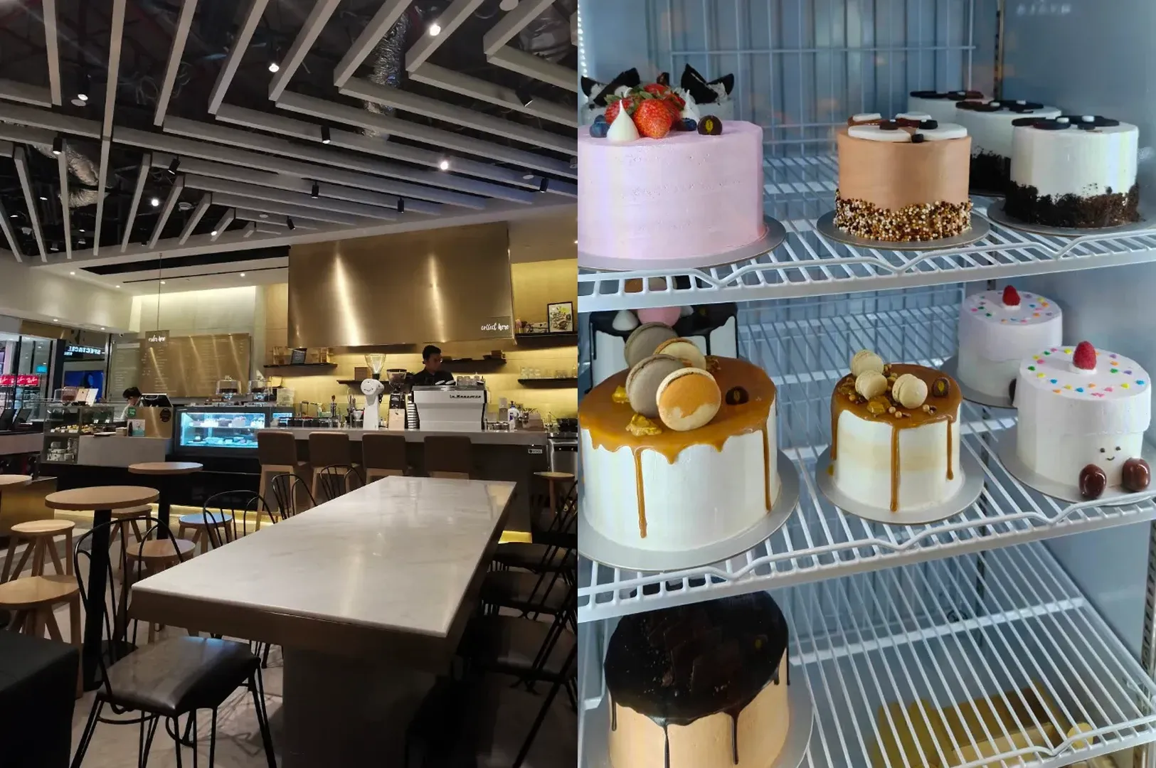 Dessert buffet with cakes on display shelves in a modern restaurant dining room