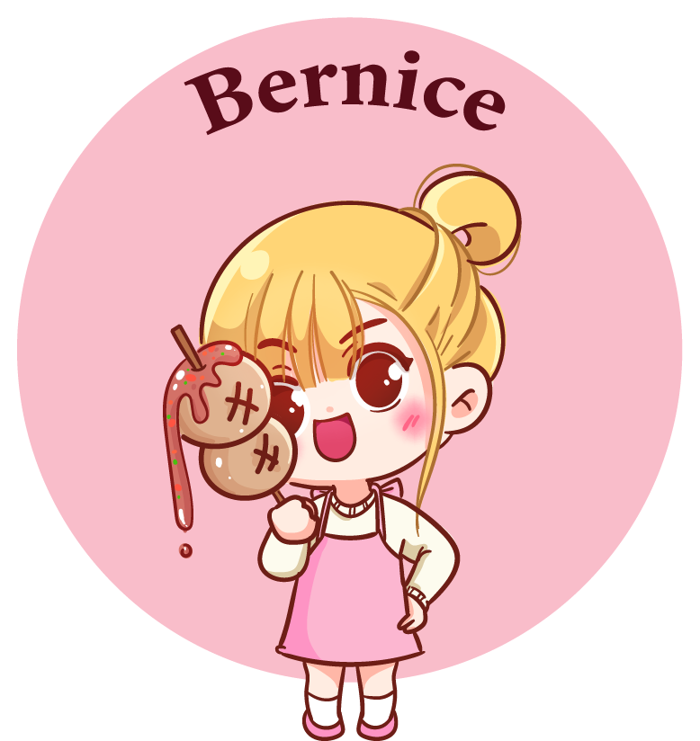 Bernice smiles gently while holding a skewer of colourful dango, standing in a soft, pastel-toned setting that highlights her sweet and cheerful personality.