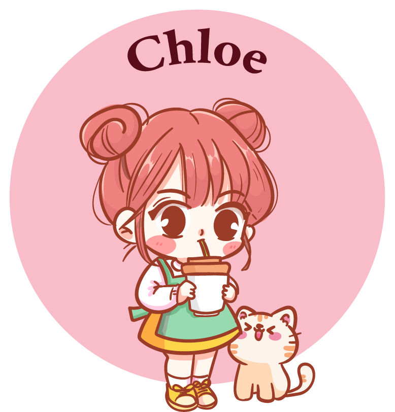 Chloe holds a refreshing drink in her hand as a small cat sits beside her, creating a warm and playful scene that reflects a cosy and friendly mood.