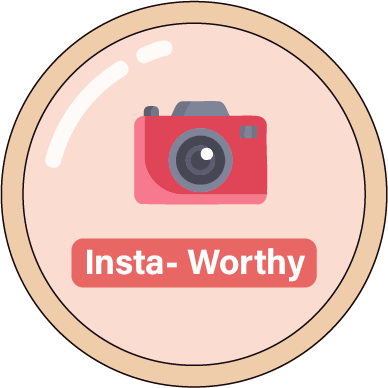 A red camera icon beside the words “Insta-worthy,” indicating visually appealing dishes and settings perfect for social media photos.