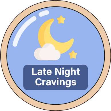A crescent moon and star icon with the text “Late Night Cravings,” suggesting food spots that satisfy hunger during late hours or night outings.