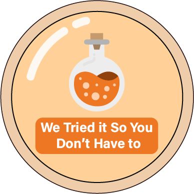A jar filled with bright liquid resembling a poison bottle, paired with the text “We tried it so you don’t have to,” implying bold or unusual food experiments reviewed for the audience.