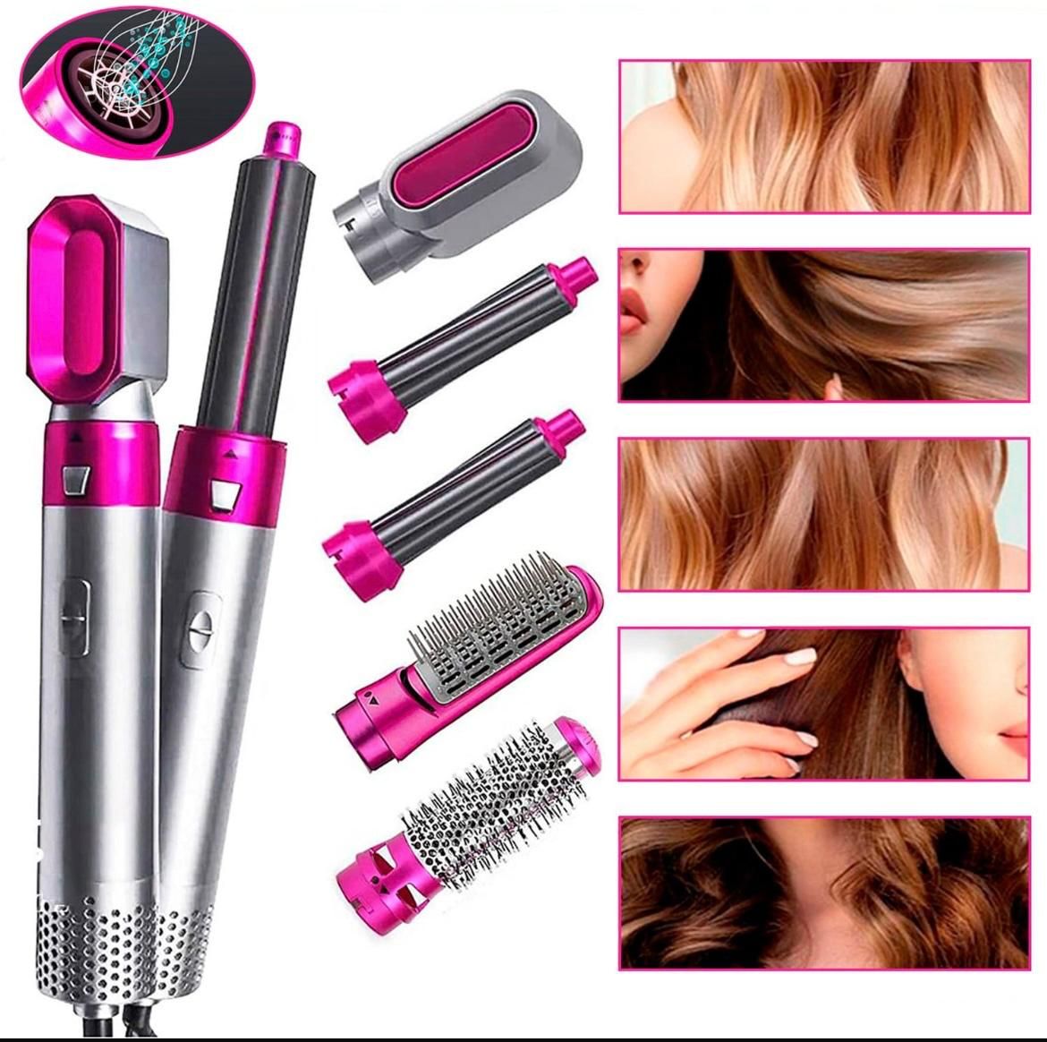 Plancha de pelo multifunción de color rosa y plata con accesorios para distintos estilos sobre fondo blanco.