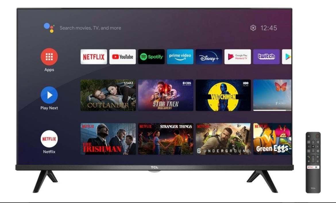 TCL Android TV con control remoto. Marco negro. Aplicaciones de streaming en pantalla.