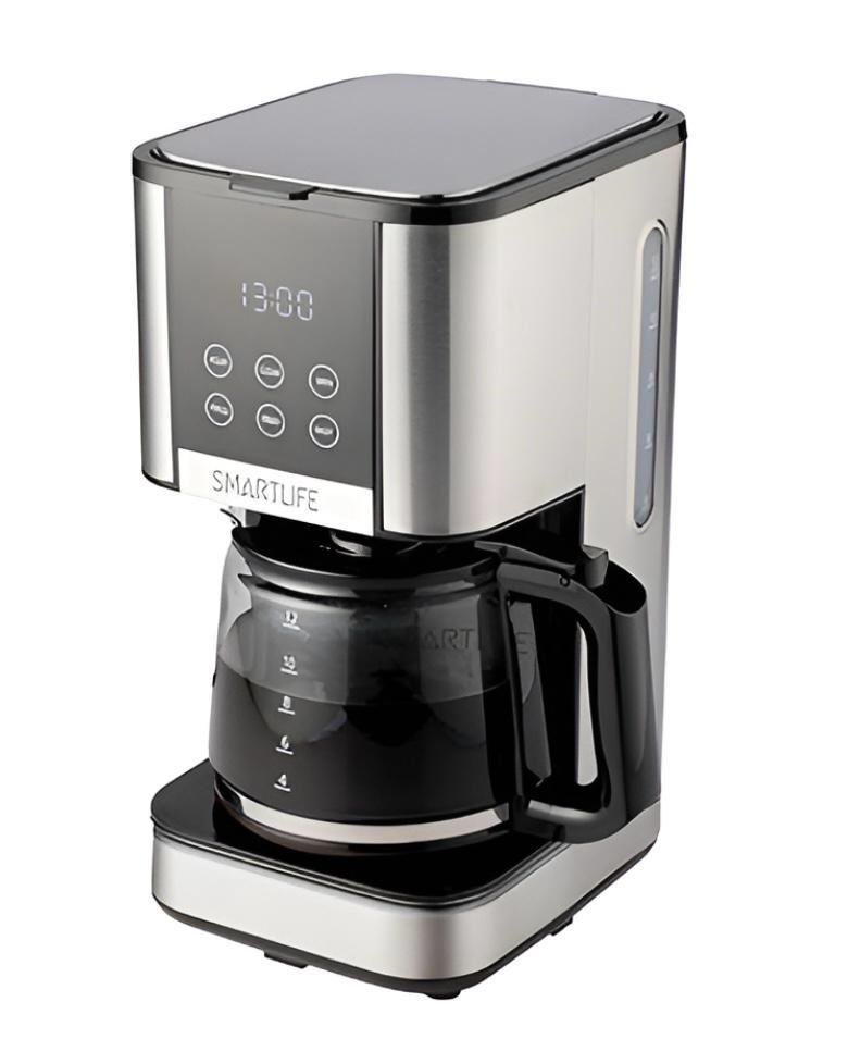 Cafetera SMARTLIFE en color plata y negro con pantalla digital y jarra de cristal.