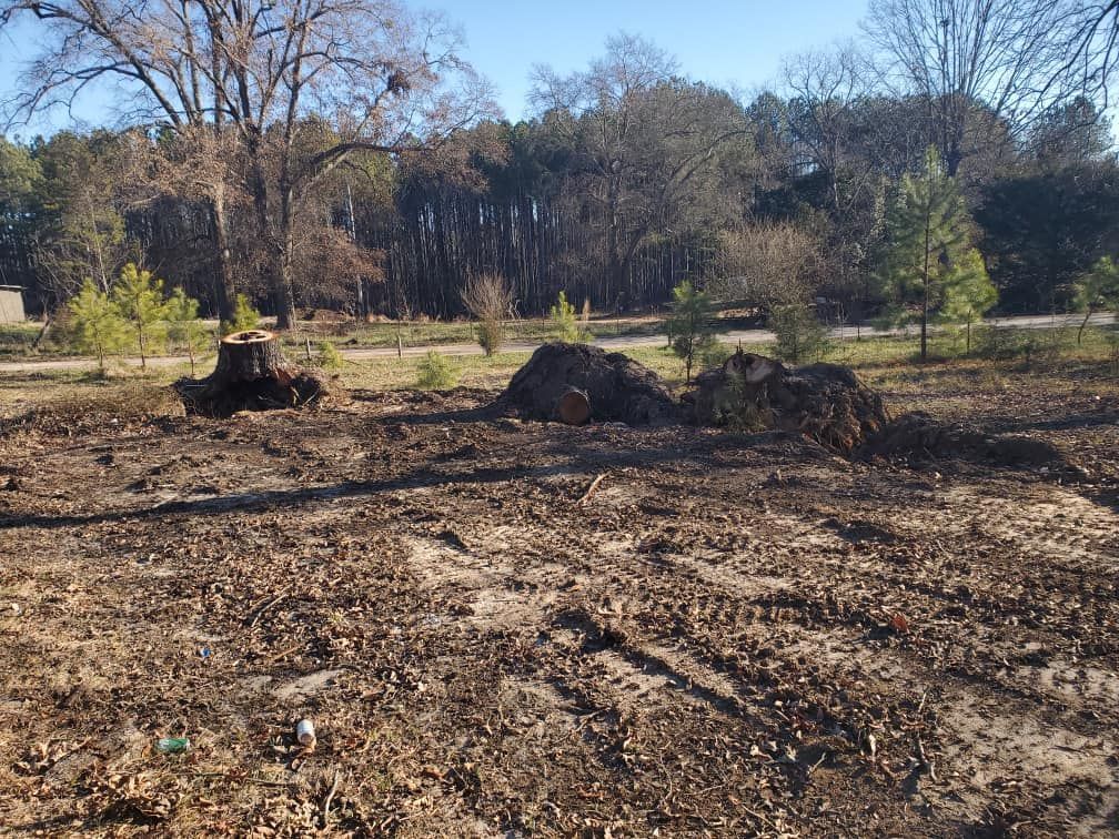 A large pile of dirt is in the middle of a field with trees in the background.
