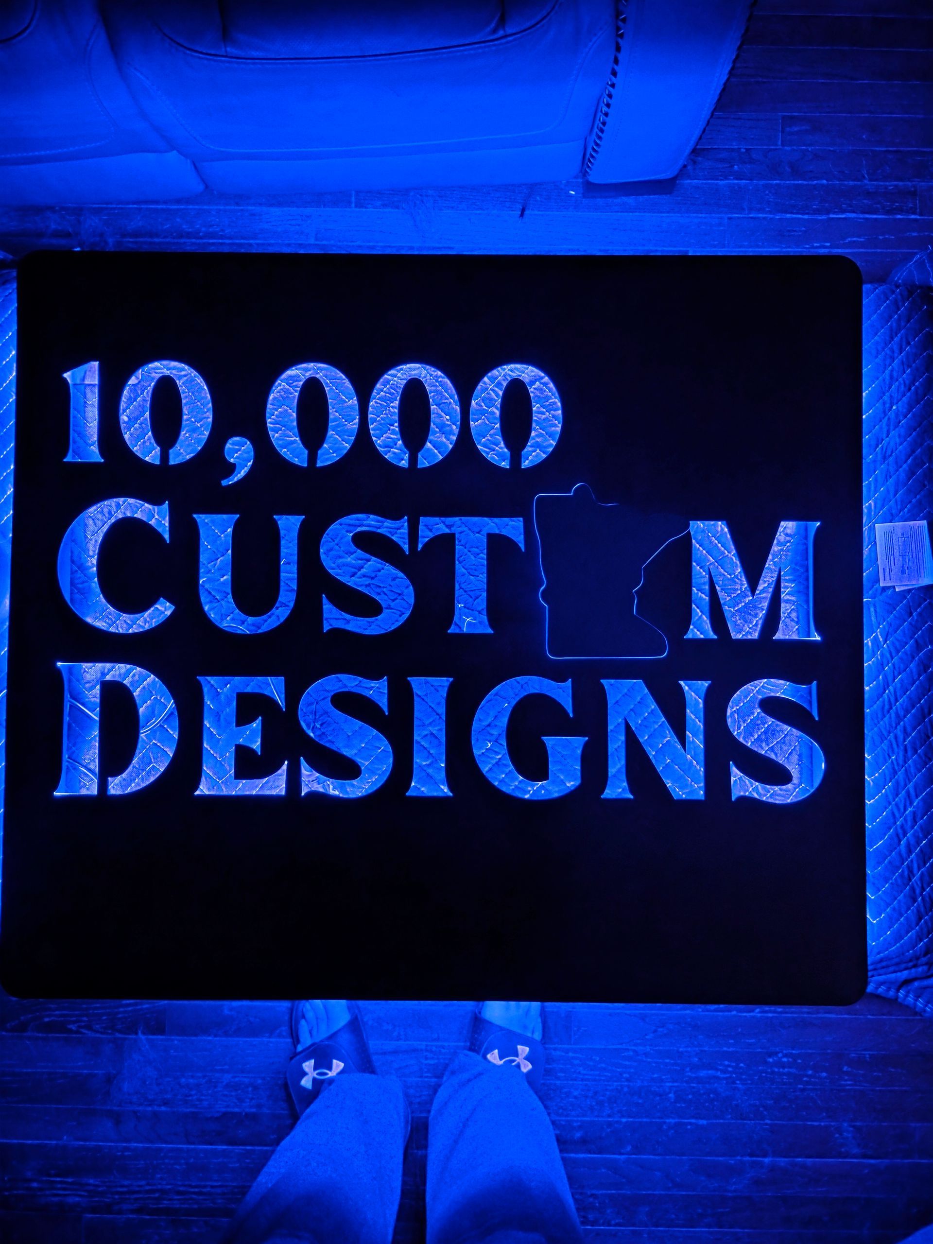 Blue-lit sign with 