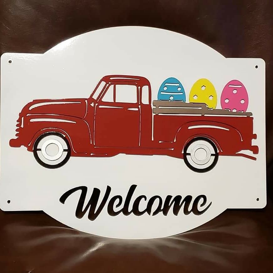 Red truck carrying Easter eggs, 