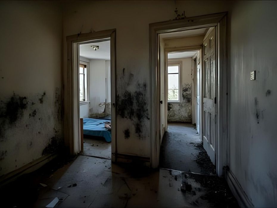 Dilapidated hallway with peeling walls, black mold stains, and open doorways leading to empty, damaged rooms.