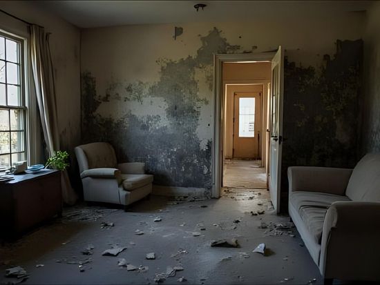 An abandoned room with peeling grey walls, debris on the floor, an armchair, and a sofa.