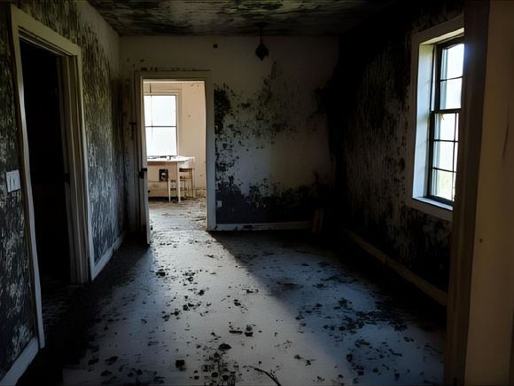 A dimly lit, dilapidated room with dark, mold-covered walls and debris-strewn floors, seen through an open doorway.