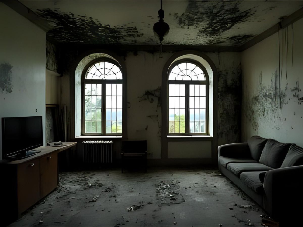 A dark, dilapidated room with two arched windows, a sofa on the right, and a TV on a stand, featuring stained walls.