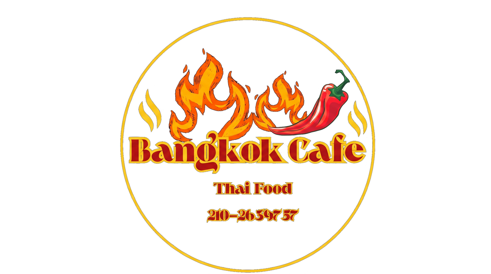 Bangkok Cafe logo with flaming orange text, Thai Food, and phone number inside a gold circle