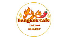 Bangkok Cafe logo with flaming orange text, Thai Food, and phone number inside a gold circle