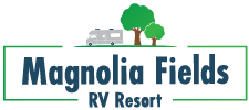 Logo for Magnolia Fields RV Resort: RV, trees, and text in a green rectangle.