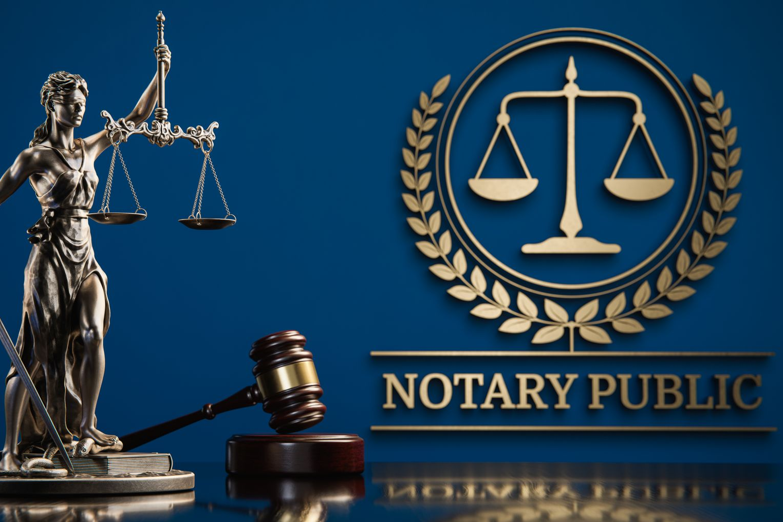 Statue of Lady Justice, gavel, and notary seal on blue background.