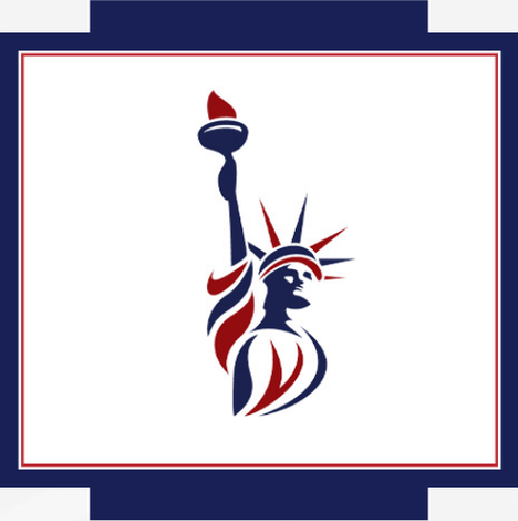 Stylized blue and red Statue of Liberty logo on a white background with a navy border.