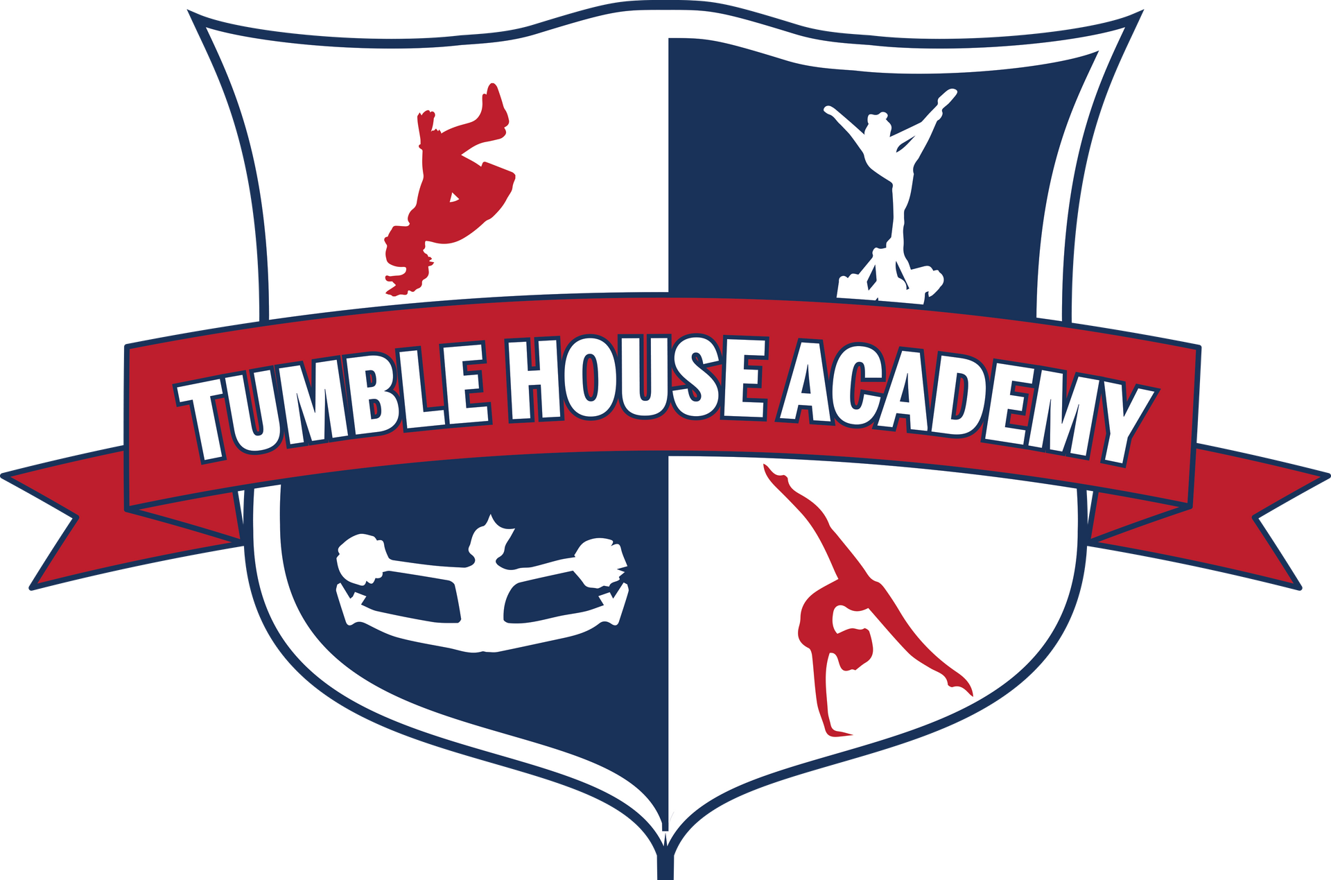 The logo for the tumble house academy is a shield with a red ribbon.