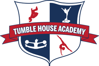 The logo for the tumble house academy is a shield with a red ribbon.